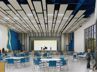 Rendering of cafeteria and possible performance space